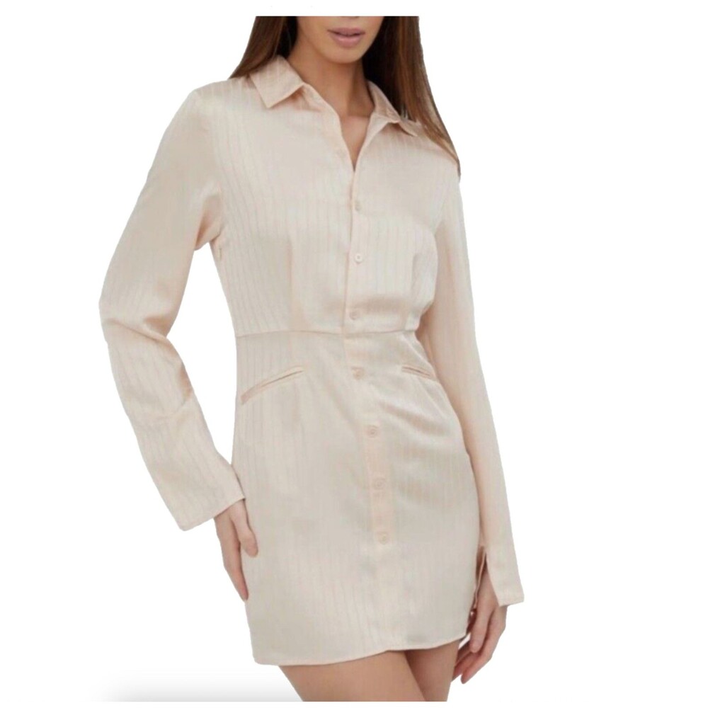 4th & Reckless Satin Pinstripe Shirt Dress Womens S Beige Button Down Mini Chic